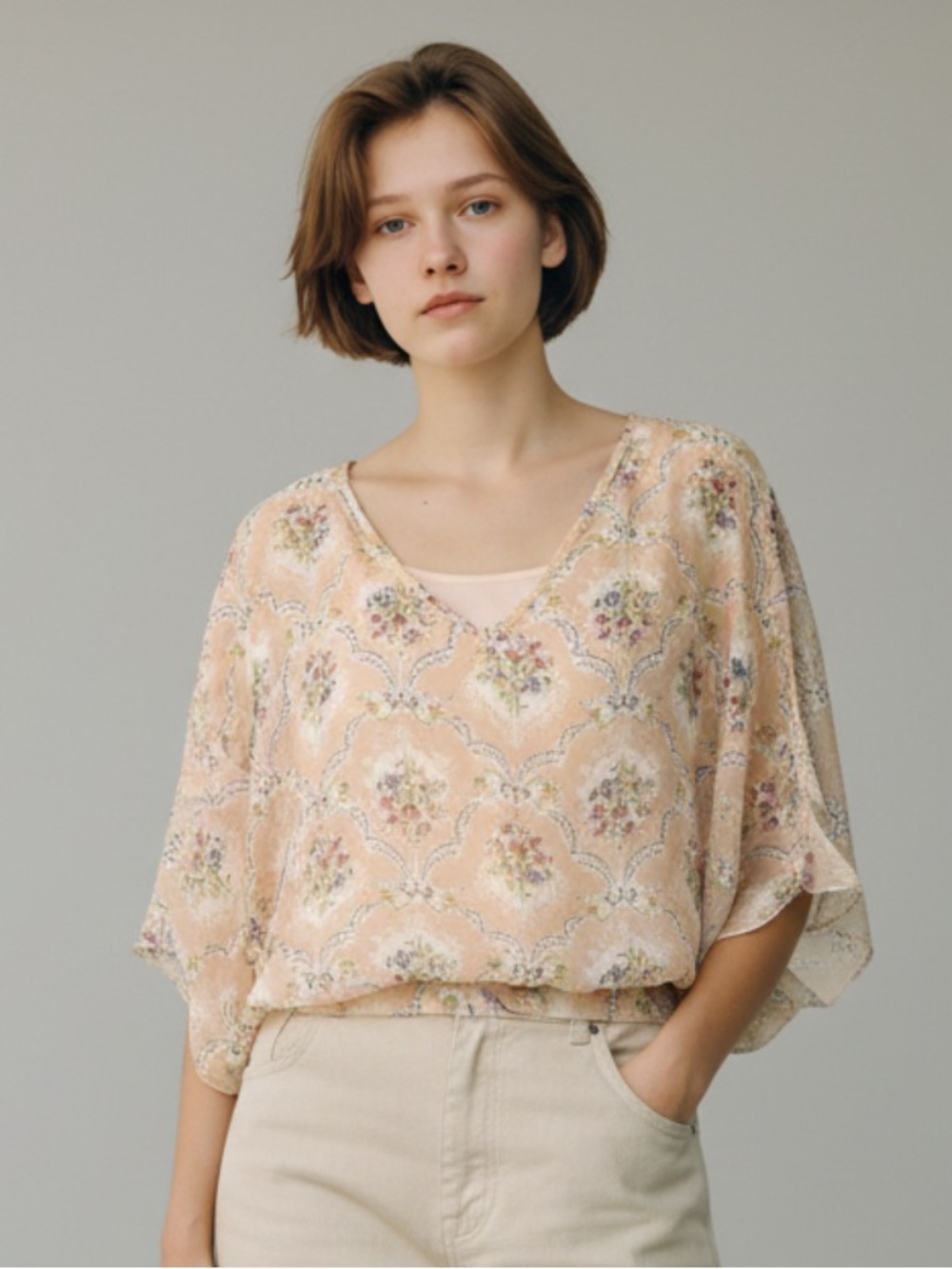 Paul & Joe for Target Light Peach Floral V-Neck Flutter Sleeves Top